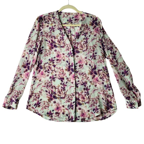 Kut from the Kloth Floral Blouse Women Medium Long Sleeve Roll Tab Button Front - Picture 1 of 10